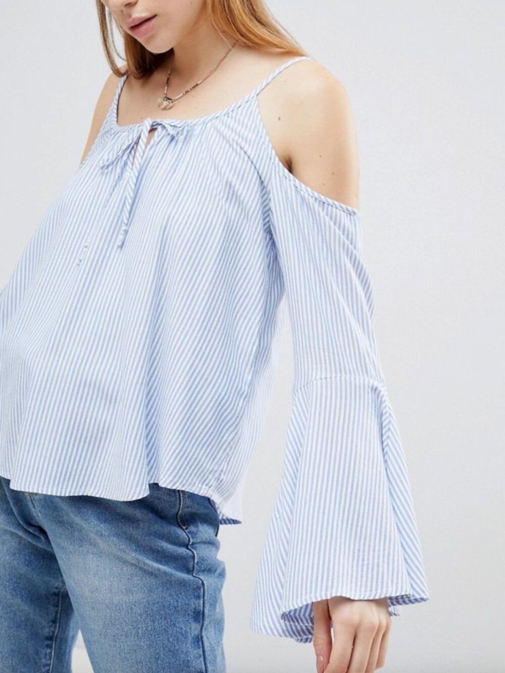 HOLLISTER Cold Shoulder Striped Blouse Blue White Long Bell Sleeve Top JUNIORS